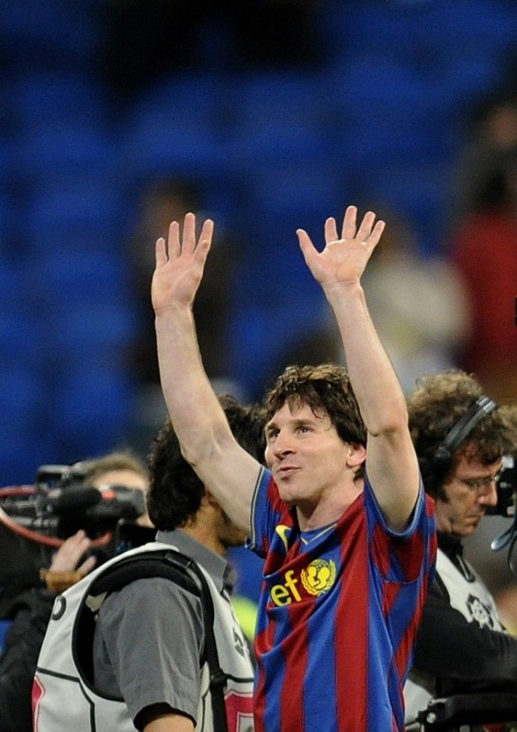 Barcelona's Messi celebrates after their Spanish first division soccer match against Real Madrid in Madrid on 10/04/2010.
