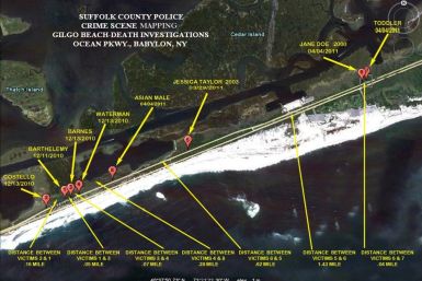 Suffolk County Police image shows the locations where eight of 10 bodies were found near Gilgo Beach since December 2010