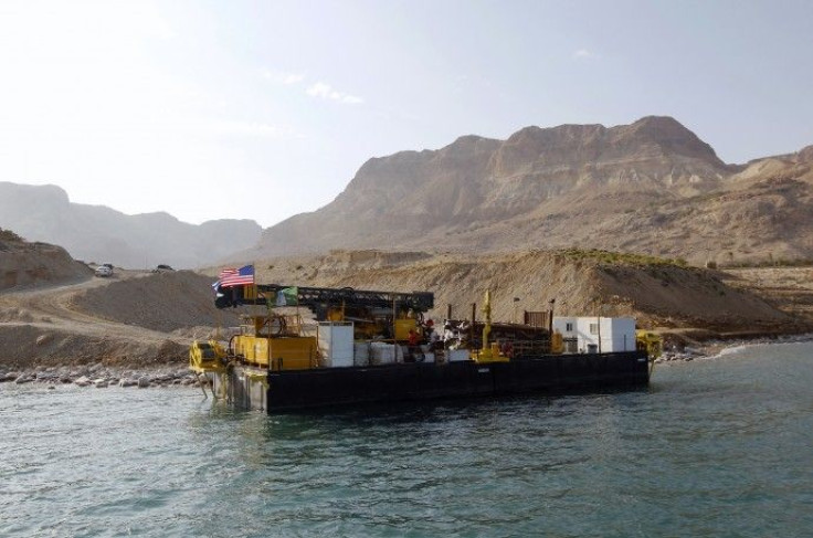 A drilling platform is moored offshore in the Dead Sea