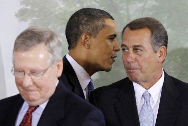 U.S. President Barack Obama between Senate Mitch McConnell, R-KY and Congressman John Boehner, R-OH