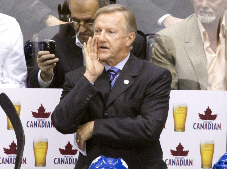 Maple Leafs&#039; head coach Ron Wilson yells at the referee in their NHL hockey game against the Canucks in Toronto