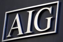 Logo on headquarters of American International Group Inc. (AIG) in New York
