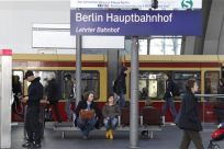 A S-Bahn city train is seen on a platform at the main railway station Hauptbahnhof in Berlin