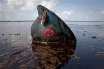 A hard hat from an oil worker lies in oil from the Deepwater Horizon oil spill on East Grand Terre Island, Louisiana 