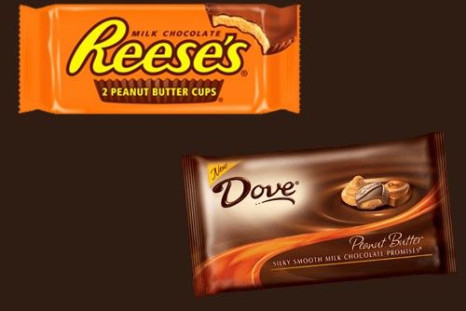 An image combination showing Hershey Reese's peanut butter chocolate candy (top left) and Mars Dove peanut butter chocolate Promise squares