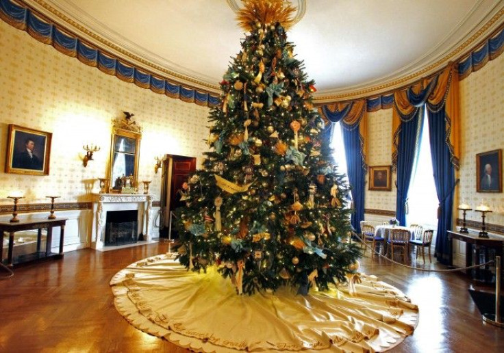 A Christmas tree is seen inside the Blue Room of the White House in Washington 