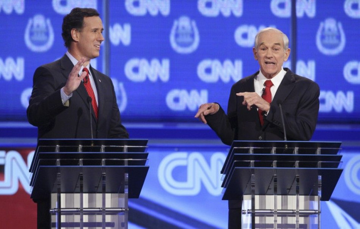 GOP candidates Rick Santorum and Ron Paul take part in the CNN Western Republican debate