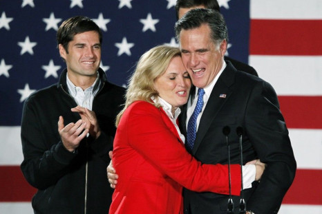 Republican presidential candidate and former Massachusetts Governor Mitt Romney hugs his wife Ann