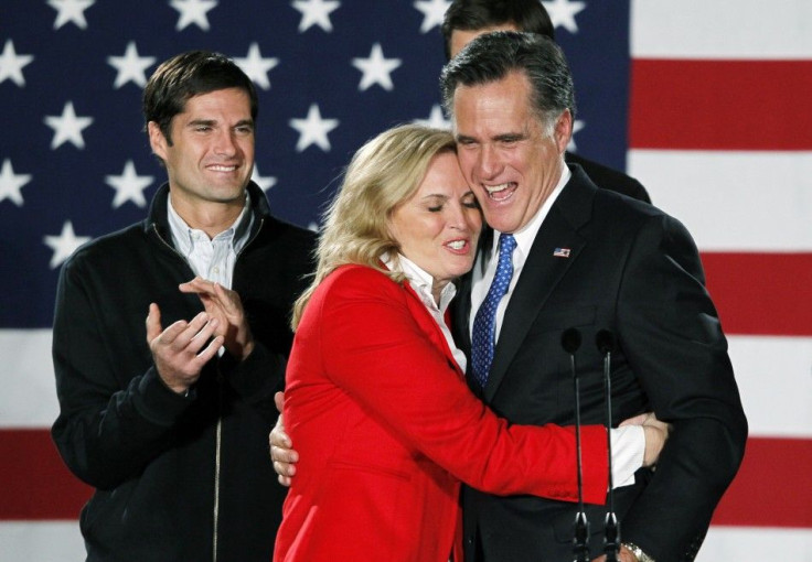 Republican presidential candidate and former Massachusetts Governor Mitt Romney hugs his wife Ann