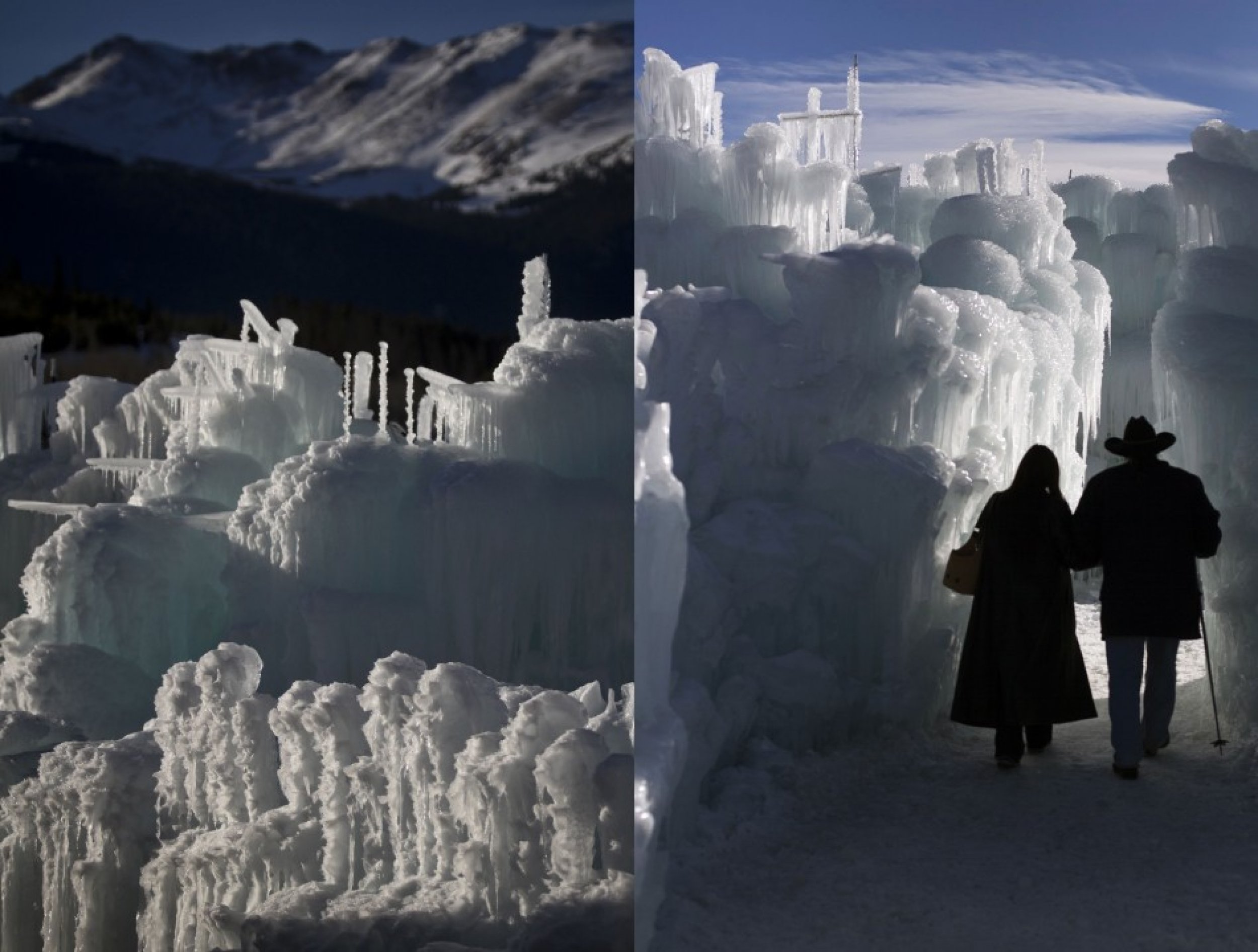 Mountains are seen in the background Left, and visitors walk through ice formations Right at Silverthorne in Colorado Jan. 3, 2012. REUTERSNathan Armes