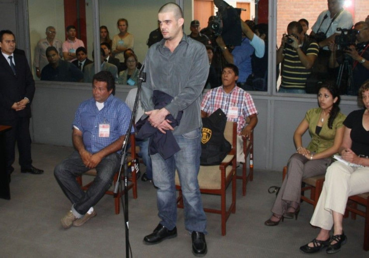Dutch citizen Van der Sloot stands in front of a judge during his trial at the Lurigancho prison in Lima