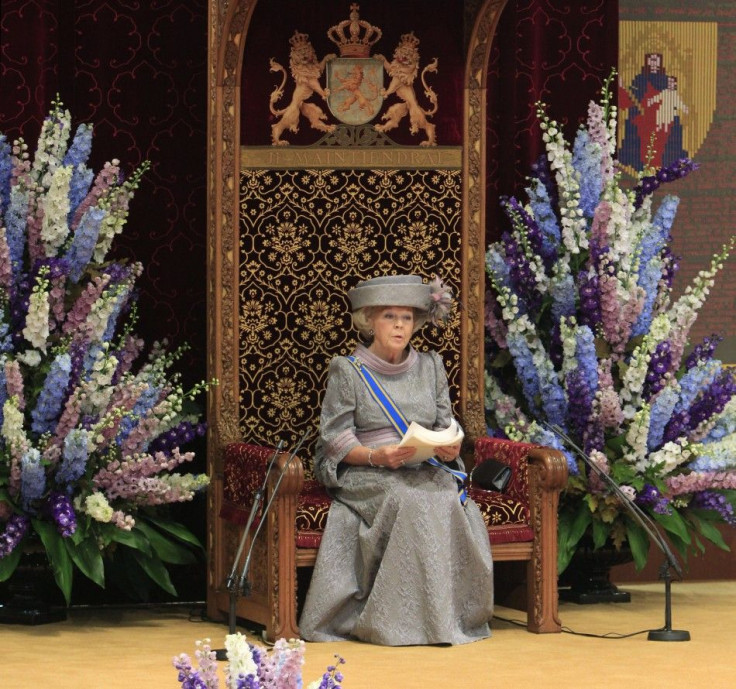 Dutch Queen Beatrix officially opens the new parliamentary year with a speech outlining the caretaker government's plan and budget policies for 2011 in the 13th century &quot;Hall of Knights&quot; in The Hague September 21, 2010.