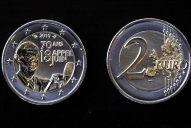 View of a 2 Euro coin which commemorates the 70th anniversary of General Charles de Gaulle's call for resistance by the French citizens, is seen at the &quot;Monnaie de Paris&quot; factory in Pessac