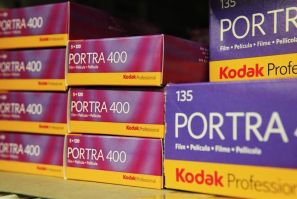 Rolls of Kodak film are seen on a camera store shelf in New York