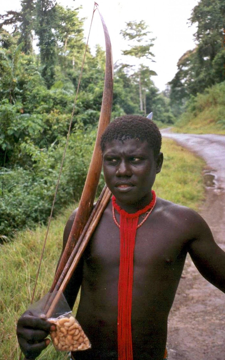 A tribal man with his bow looks on at the Andaman Trunk road in Jarawa reserve