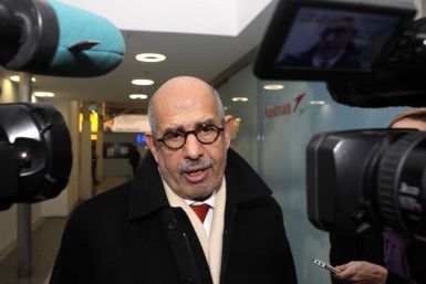 Prominent Egyptian reform campaigner Mohamed ElBaradei talks to journalists before leaving Vienna to Cairo at the Vienna airoirt, January 27, 2011.