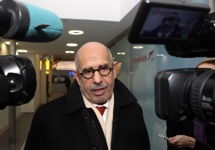 Prominent Egyptian reform campaigner Mohamed ElBaradei talks to journalists before leaving Vienna to Cairo at the Vienna airoirt, January 27, 2011.