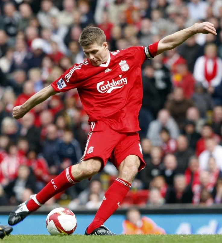 Liverpool's Gerrard kicks the ball during their English Premier League soccer match against Newcastle United in Liverpool.