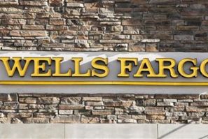A Wells Fargo bank branch sign is pictured in Golden