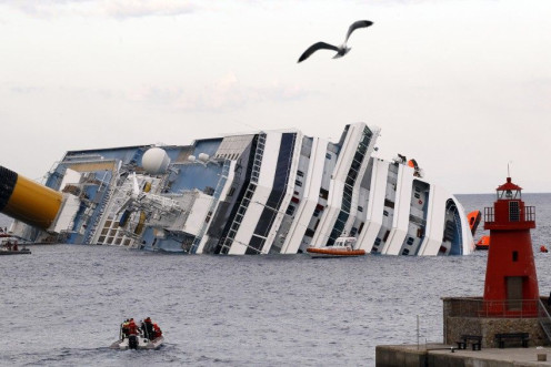 A view shows the Costa Concordia cruise ship that ran aground off the west coast of Italy, at Giglio island