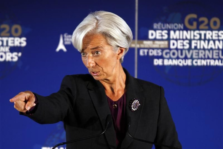 IMF head Christine Lagarde gestures during a news conference at the G20 meeting at the ministry in Paris