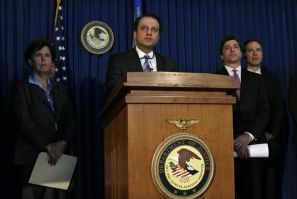 U.S. Attorney Bharara announces charges against seven people during a news conference in New York
