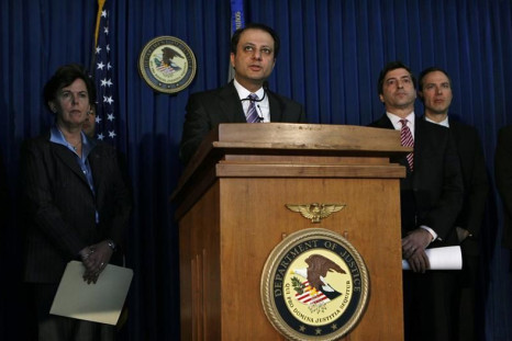 U.S. Attorney Bharara announces charges against seven people during a news conference in New York