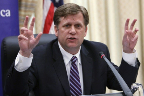 U.S. President Obama&#039;s advisor on Russia and Eurasia McFaul speaks during a news conference in Bishkek