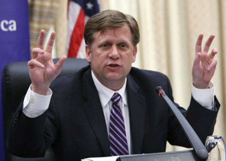 U.S. President Obama&#039;s advisor on Russia and Eurasia McFaul speaks during a news conference in Bishkek