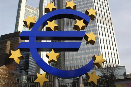 A sculpture showing the Euro currency sign is seen in front of the ECB headquarters in Frankfurt