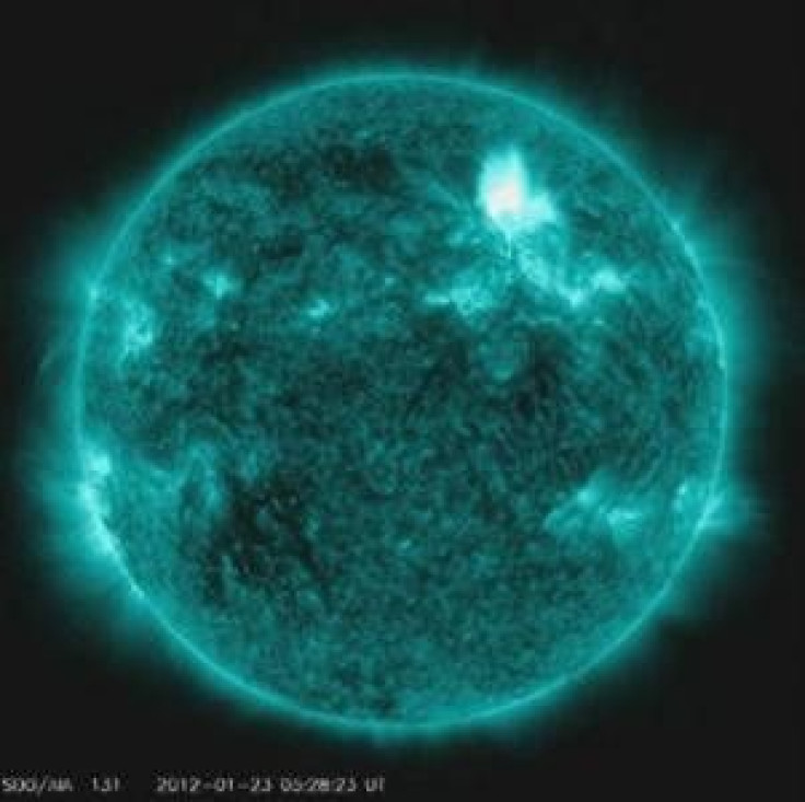 The Solar Dynamics Observatory captures an M8.7 class flare in a handout photo released by NASA January 23, 2012. The flare is shown here in teal as that is the color typically used to show light in the 131 Angstrom wavelength, a wavelength in which it is