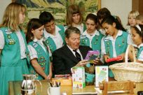 Girl Scouts with former president Ronald Reagan