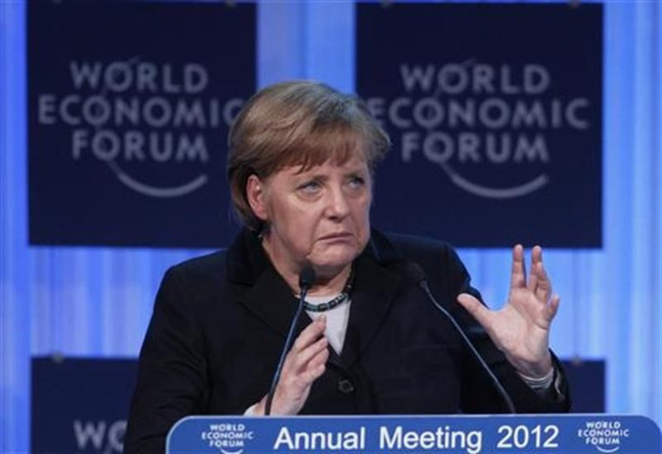 German Chancellor Merkel speaks during the opening of the Annual Meeting 2012 at the World Economic Forum (WEF) in Davos
