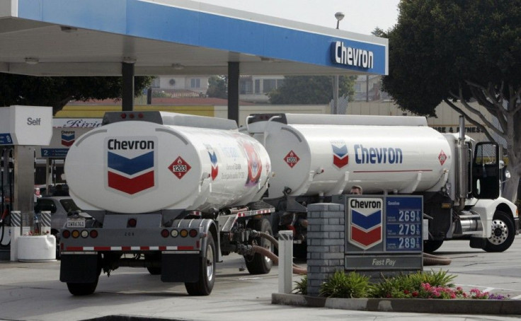 Chevron tanker truck delivers gasoline.