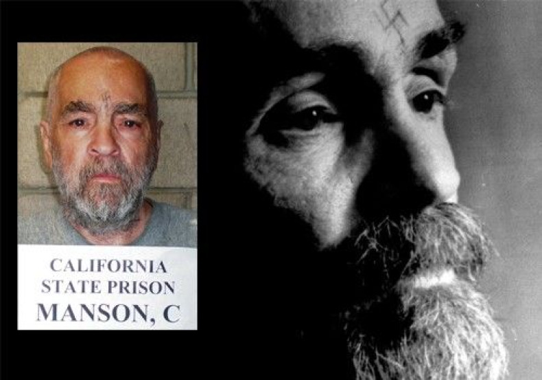 Charles Manson talks during an interview August 25, 1989 and (inset) a handout image of Manson released March 18, 2009 from Corcoran State Prison in California