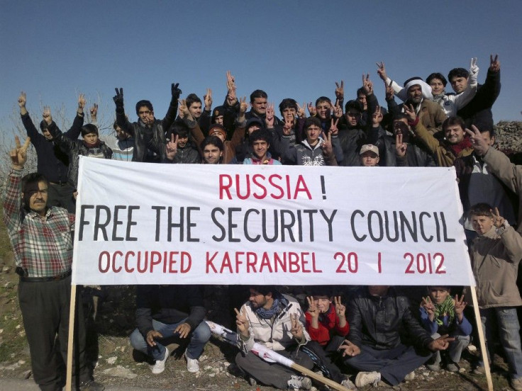 Demonstrators protesting Syria&#039;s President Assad and Russia in January
