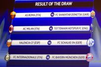 A screen shows the results of the draw for the Champions League first knockout round soccer matches at the UEFA headquarters in Nyon