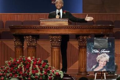 Reverend Al Sharpton delivers the eulogy at the funeral for singer Etta James, who died last week at age 73, at City of Refuge in Gardena, California