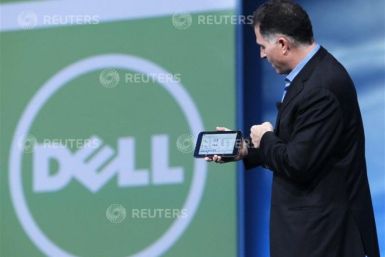 Dell founder and CEO Michael Dell displays a Dell tablet computer in San Francisco