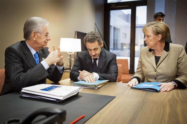 Germany&#039;s Chancellor Merkel meets with France&#039;s President Sarkozy and Italy&#039;s Prime Minister Monti shortly before an informal meeting of the European Council ahead of the European Union leaders summit in Brussels