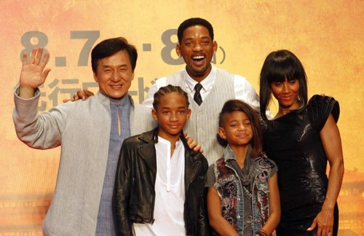 Chinese actor Jackie Chan poses with U.S. actor and producer Will Smith and his son Jaden, daughter Willow and wife Jada Pinkett Smith (L-R) at Japan premiere of &quot;The Karate Kid&quot; in Tokyo