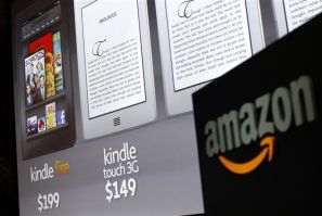 Graphics of new Amazon Kindle tablets seen at news conference in New York