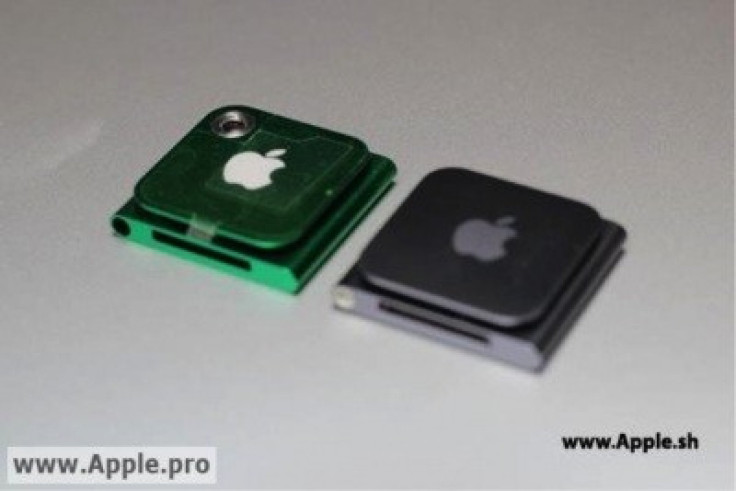 The prototype for the new Apple iPod Nano with a built-in camera (left), sits next to a modern iPod Nano model. Apple's patent application for such a device was published in November 2011.