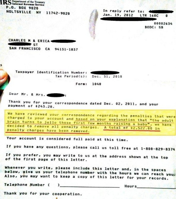 IRS Refund accept excuse that mother's &quot;brain turned to Jello' removing fine