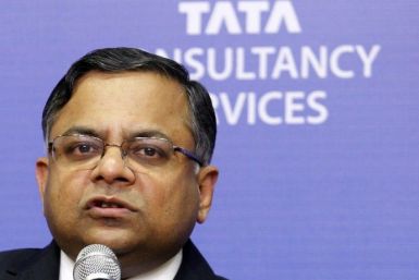 N. Chandrasekaran, chief executive of Tata Consultancy Services, speaks during a news conference in Mumbai