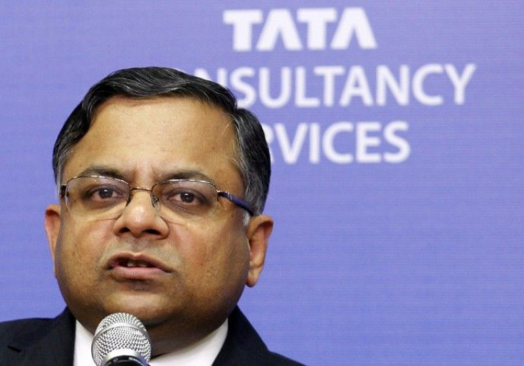 N. Chandrasekaran, chief executive of Tata Consultancy Services, speaks during a news conference in Mumbai