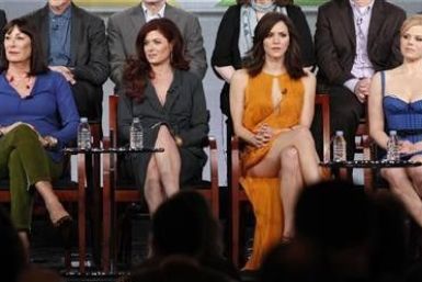 (L - R) Cast members Anjelica Huston, Debra Messing, Katharine McPhee and Megan Hilty attend the panel for the NBC television series &#039;&#039;Smash&#039;&#039; at the Television Critics Association winter press tour in Pasadena, California