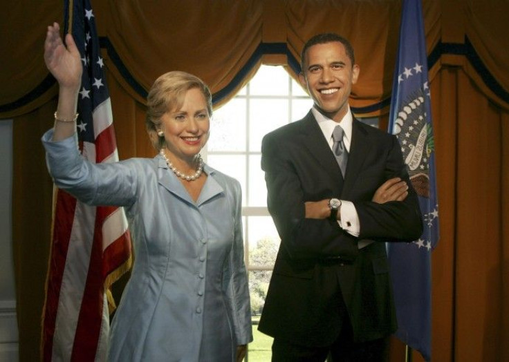 Lifelike wax figures of Senator Barack Obama and Hillary Clinton on display at Madame Tussauds in Washington