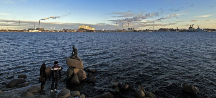 Tourists look at the sculpture of the Little Mermaid, inspired from a fairy tale written by Hans Christian Andersen, a famous landmark of Copenhagen January 26, 2011.