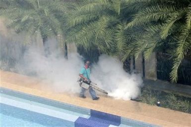 A worker &#039;fogs&#039; in the public area of a private condominium in Singapore, May 24, 2006.